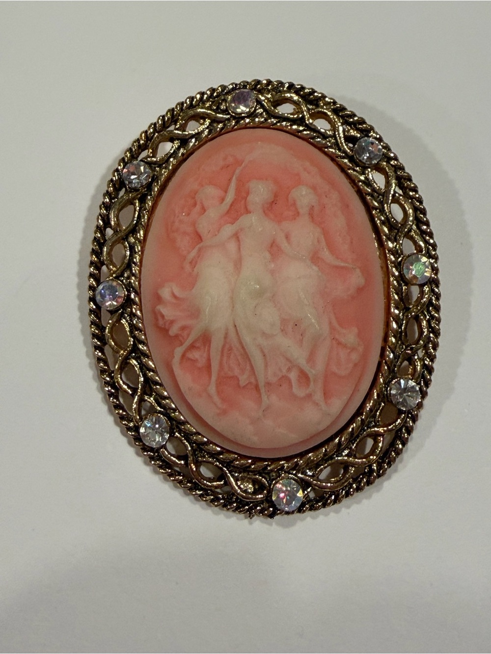 Vintage 3 Graces Pink Cameo Brooch with Gold Tone Frame